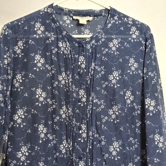 Coldwater Creek Floral Navy Silk Pintuck Women's Button Up Blouse Top Sz 16/18W - Picture 2 of 8